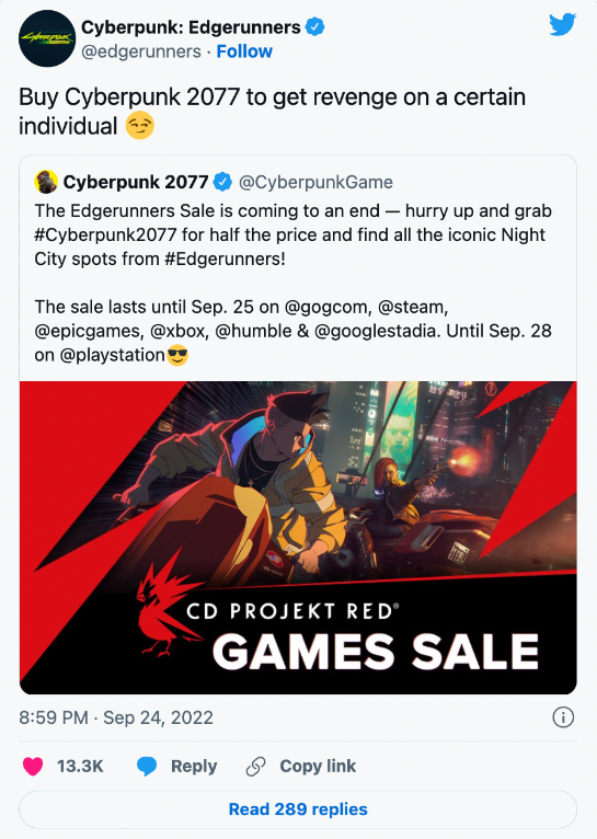 cyberpunk edgerunner animation marketing tweet