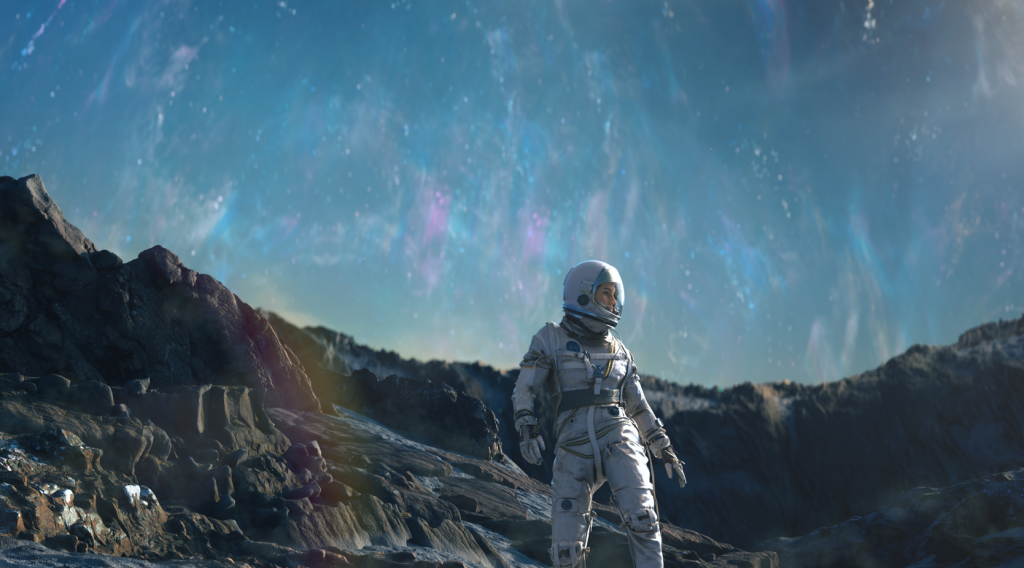 Astronaut walking with beautiful landscape in background
